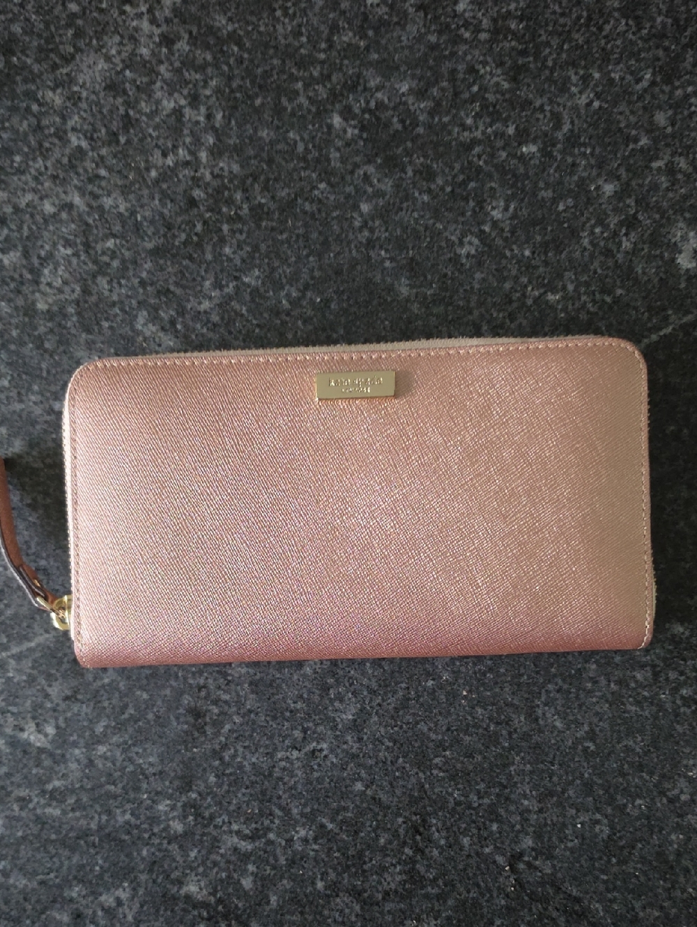 kate spade metallic rose zip-around wallet with gold plaque